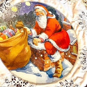 Vintage Tuftop Santa Trivet Tempered Glass England 12” Round Kitchen Christmas